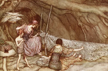 "Pienet ihmiset kutovat kesäverhonsa luurangon lehdistä", J. M. Barrien (1860-1937) "Peter Pan Kensington Gardensissa", julkaistu 1910